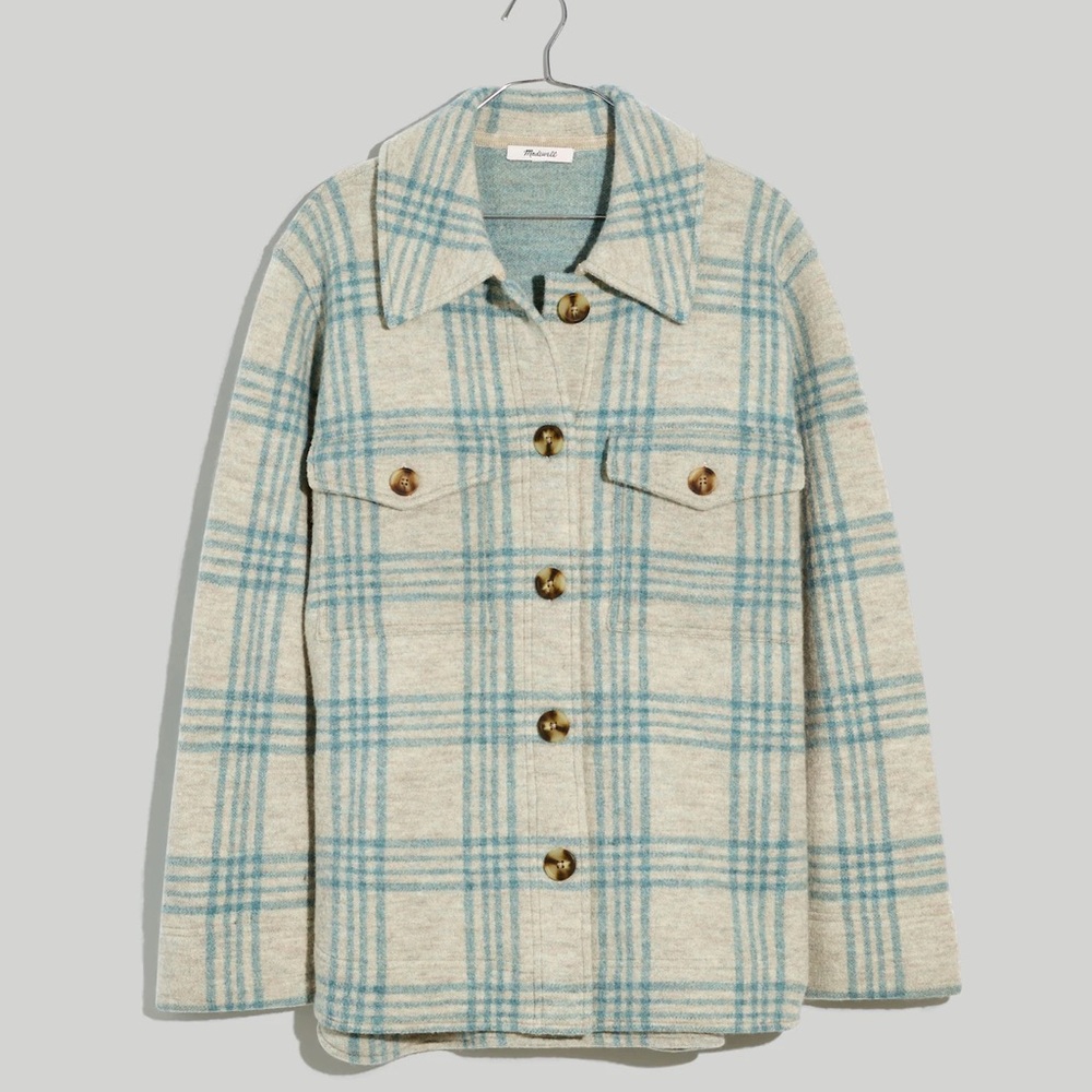 Madewell Blue and Cream Boiled Wool Shirt-Jacket in Plaid